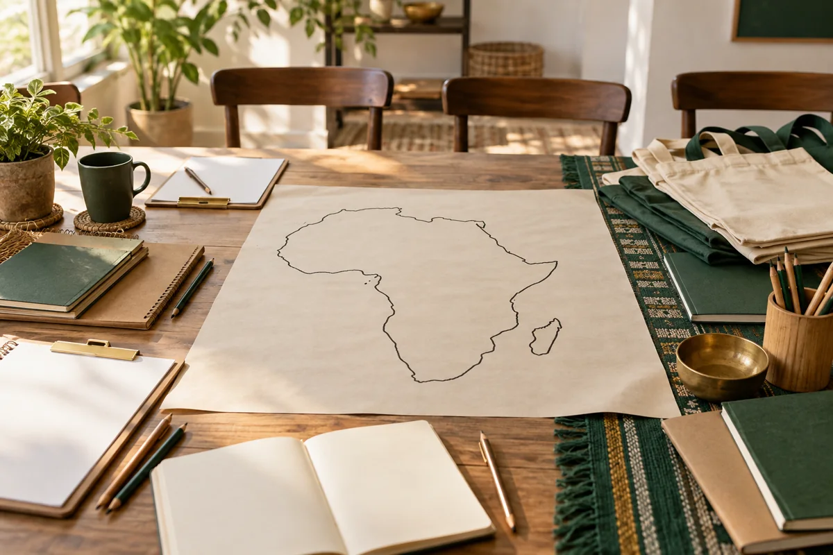 Illustrative image of an Africa outline map, notebooks and materials on an outreach planning table