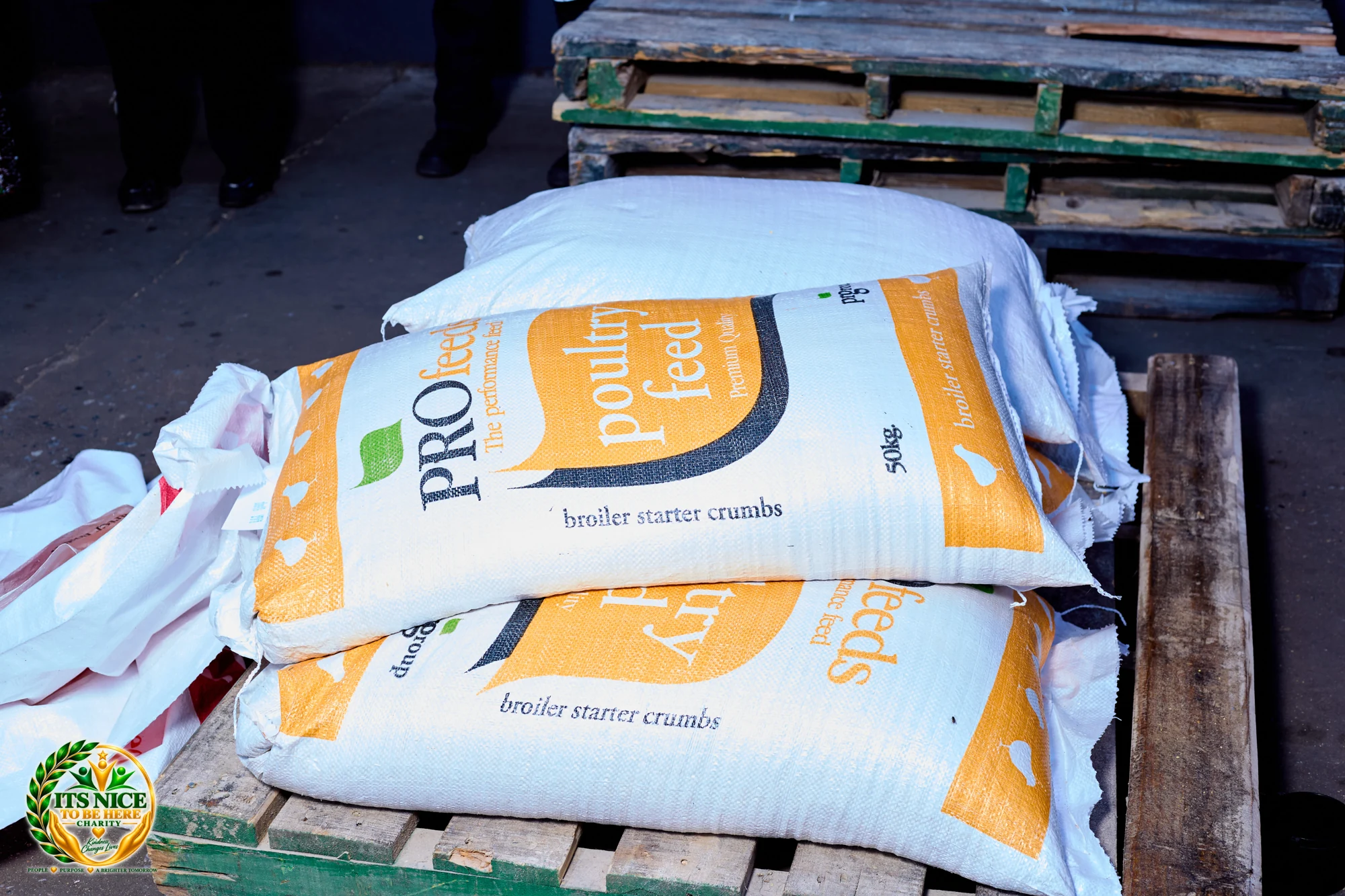 Bags of poultry feed prepared for the event