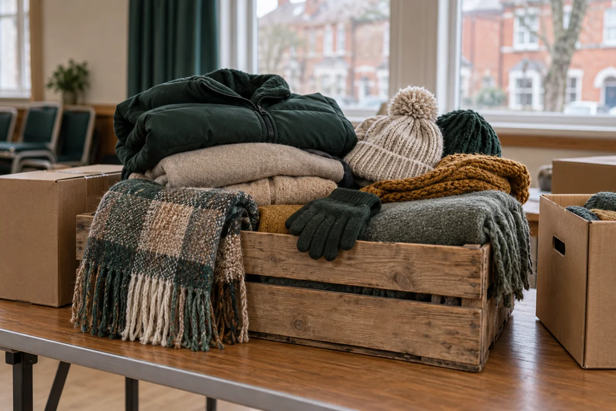 Illustrative image of warm coats, knitted hats, scarves and gloves in a donation crate